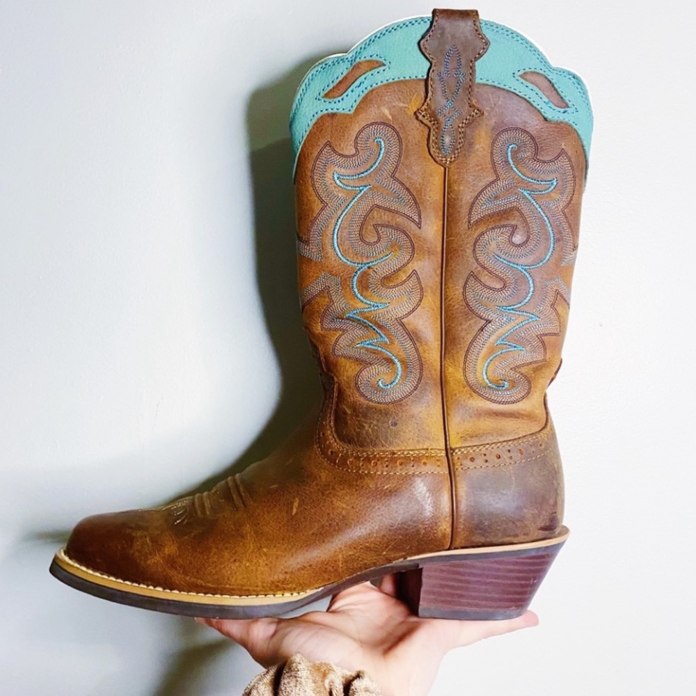 Justin’s Cowboy Western Turquoise + Brown Leather Boots
